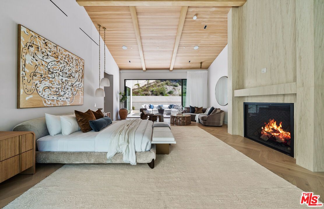Bedroom, Fireplace, Interior, Recessed Lighting, Wooden Ceilings, Wood Texture Flooring