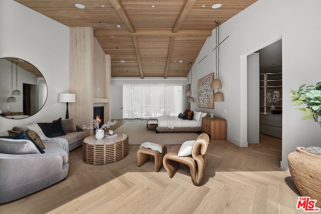 Fireplace, Interior, Living room, Pendant Lights, Recessed Lighting, Wooden Beams, Wooden Ceilings, Wood Texture Flooring