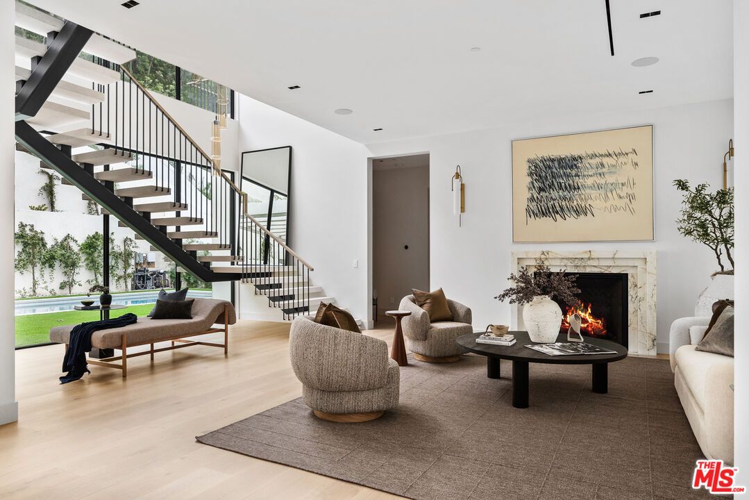 Fireplace, Interior, Living room, Recessed Lighting, Wood Texture Flooring