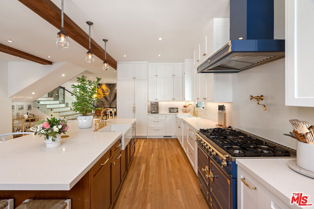 Interior, Kitchen, Pendant Lights, Recessed Lighting, Stainless Steel Appliances, Wooden Beams, Wood Texture Flooring