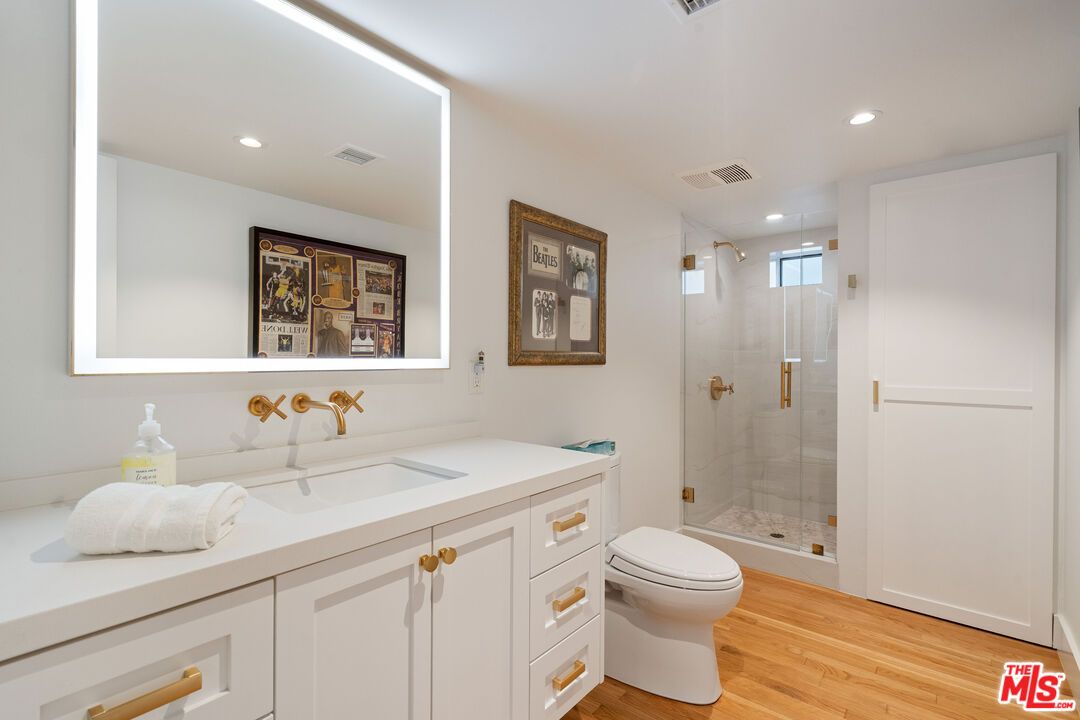 Bathroom, Glass Shower, Interior, Recessed Lighting, Wood Texture Flooring