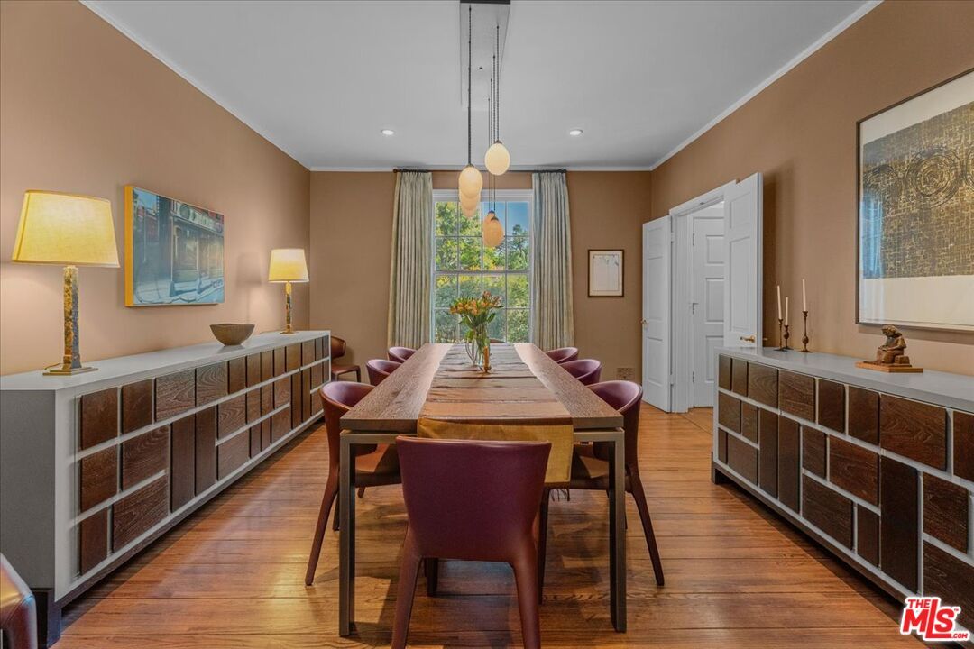 Dining room, Interior, Pendant Lights, Recessed Lighting, Wood Texture Flooring