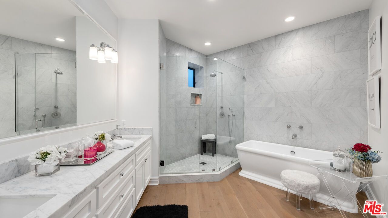 Bathroom, Glass Shower, Interior, Marble Walls, Recessed Lighting, Wood Texture Flooring