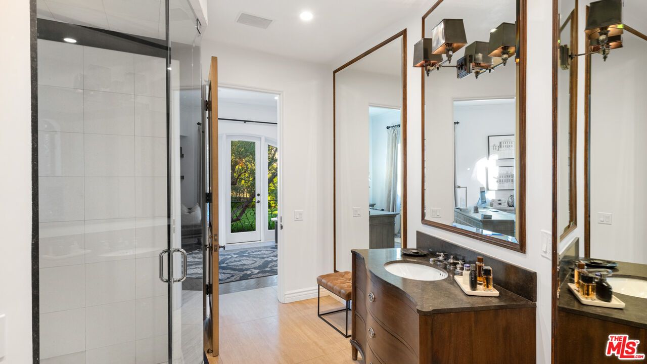 Bathroom, Glass Shower, Interior, Recessed Lighting, Wood Texture Flooring