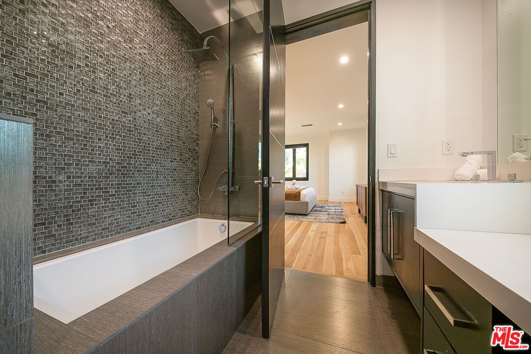 Bathroom, Glass Shower, Interior, Recessed Lighting, Wood Texture Flooring