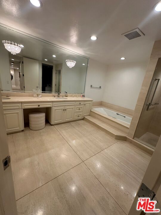 Bathroom, Chandelier, Dual Sink Vanities, Interior, Recessed Lighting