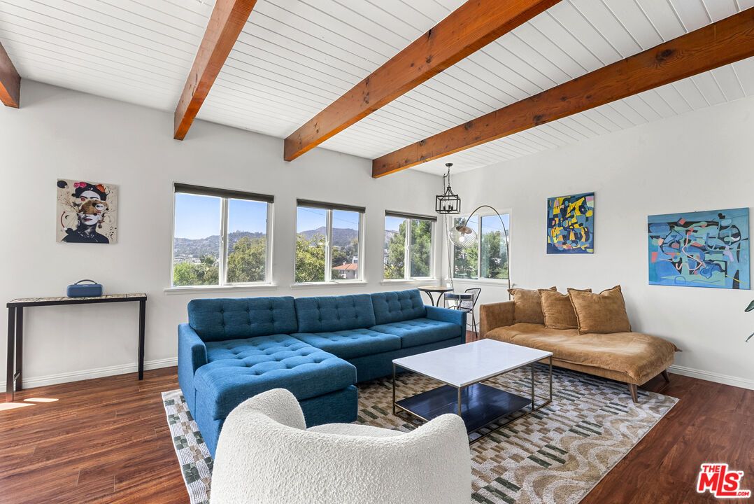 Interior, Living room, Pendant Lights, Wooden Beams, Wood Texture Flooring