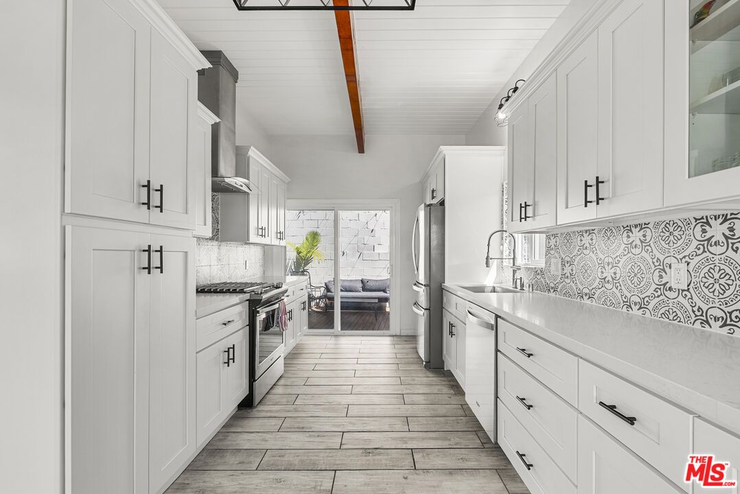 Interior, Kitchen, Stainless Steel Appliances, Wooden Beams, Wood Texture Flooring