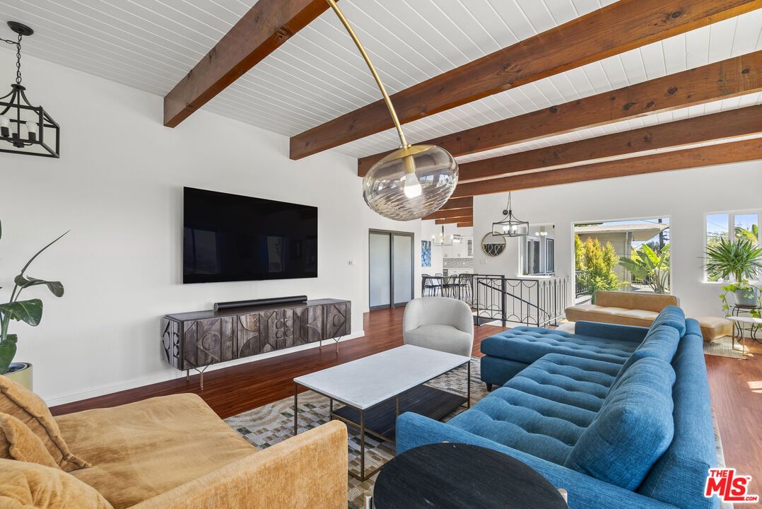 Dining room, Interior, Living room, Pendant Lights, Wooden Beams, Wood Texture Flooring