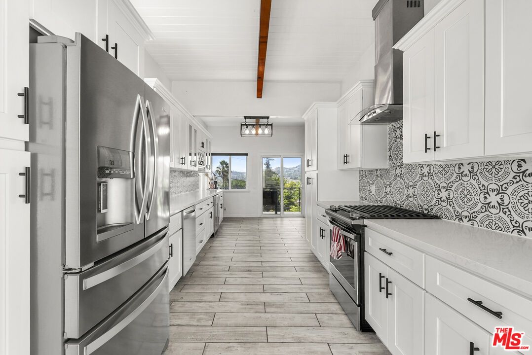Interior, Kitchen, Stainless Steel Appliances, Wooden Beams, Wood Texture Flooring
