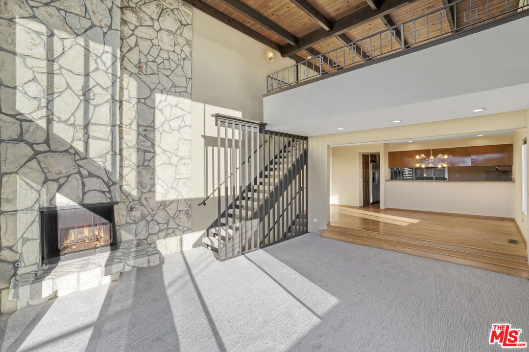 Fireplace, Interior, Pendant Lights, Recessed Lighting, Stone Walls, Wooden Beams, Wooden Ceilings, Wood Texture Flooring