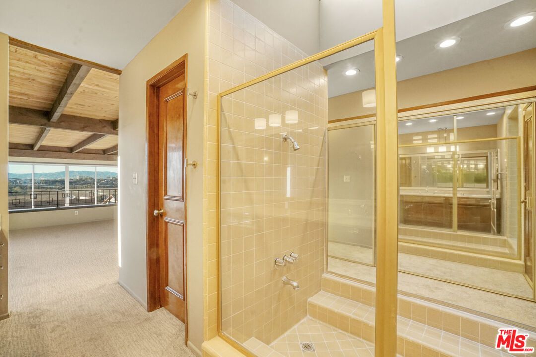 Bathroom, Glass Shower, Interior, Recessed Lighting, Wooden Beams, Wooden Ceilings