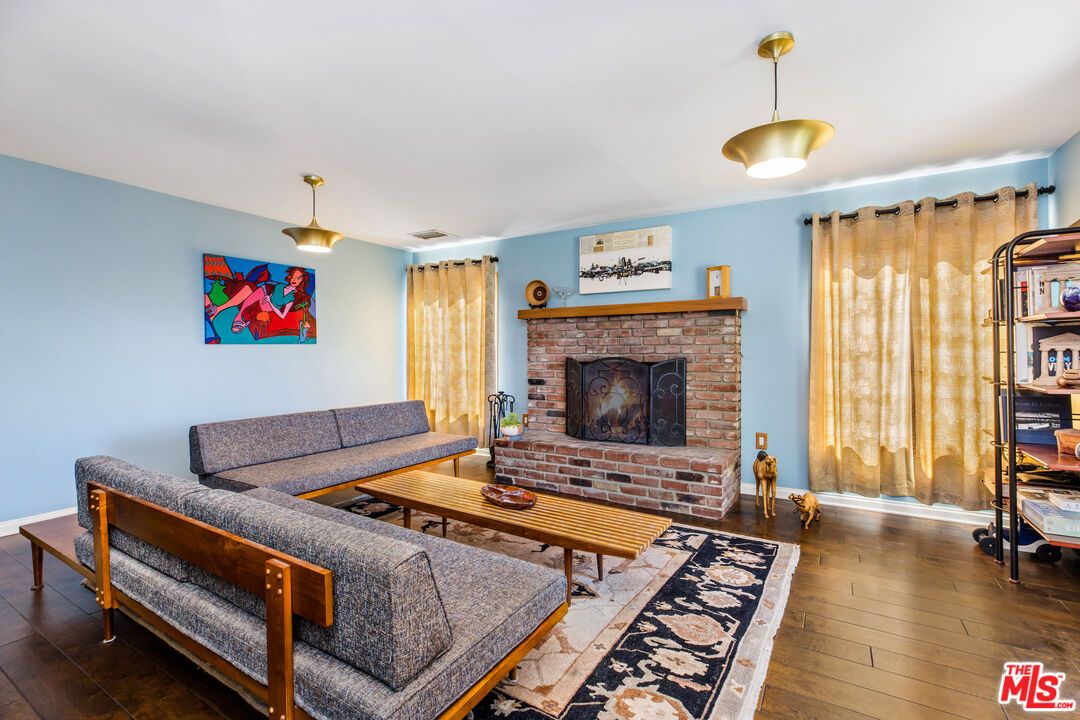 Fireplace, Interior, Living room, Pendant Lights, Wood Texture Flooring