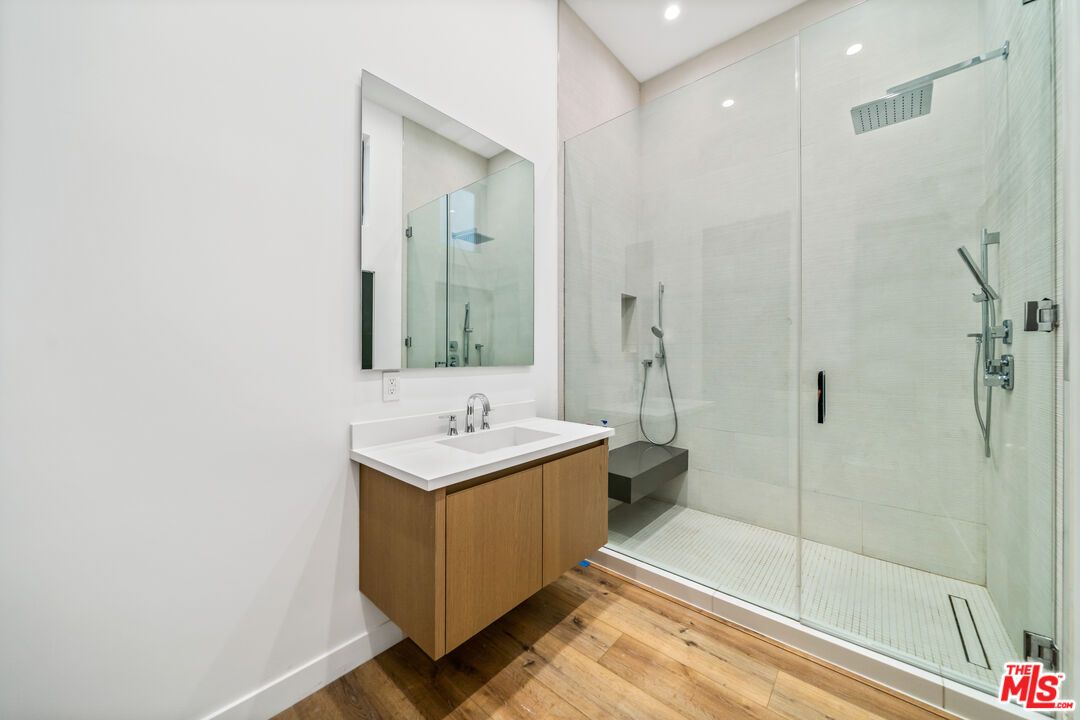 Bathroom, Glass Shower, Interior, Recessed Lighting, Wood Texture Flooring