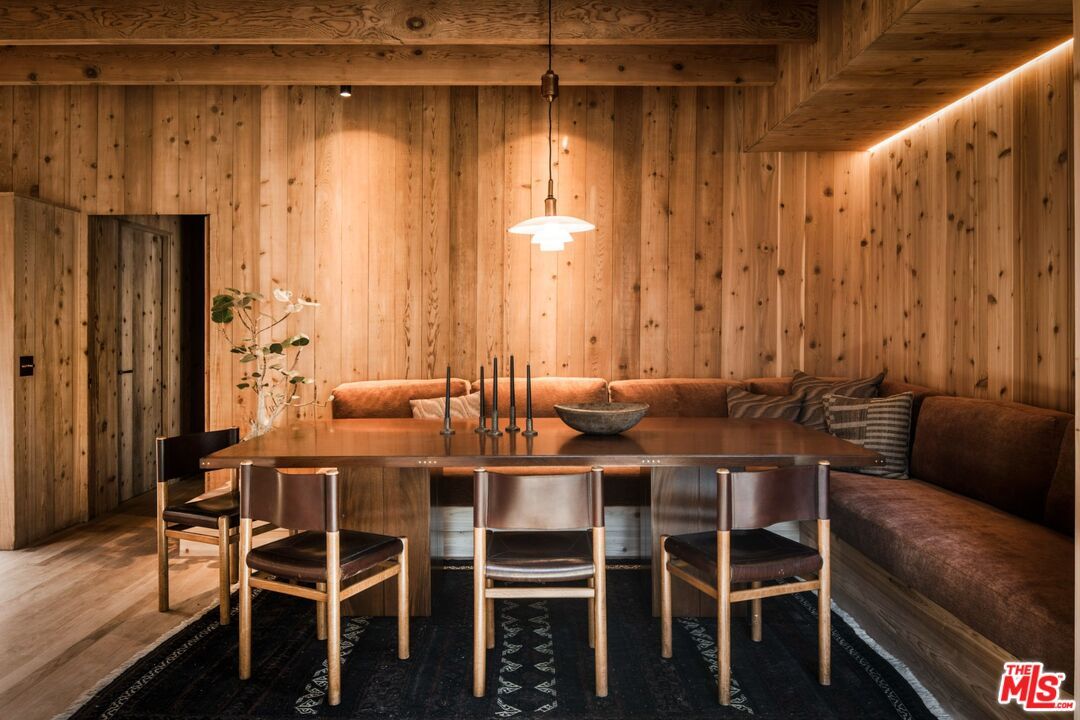 Dining room, Interior, Pendant Lights, Wood Texture Flooring, Wooden Walls