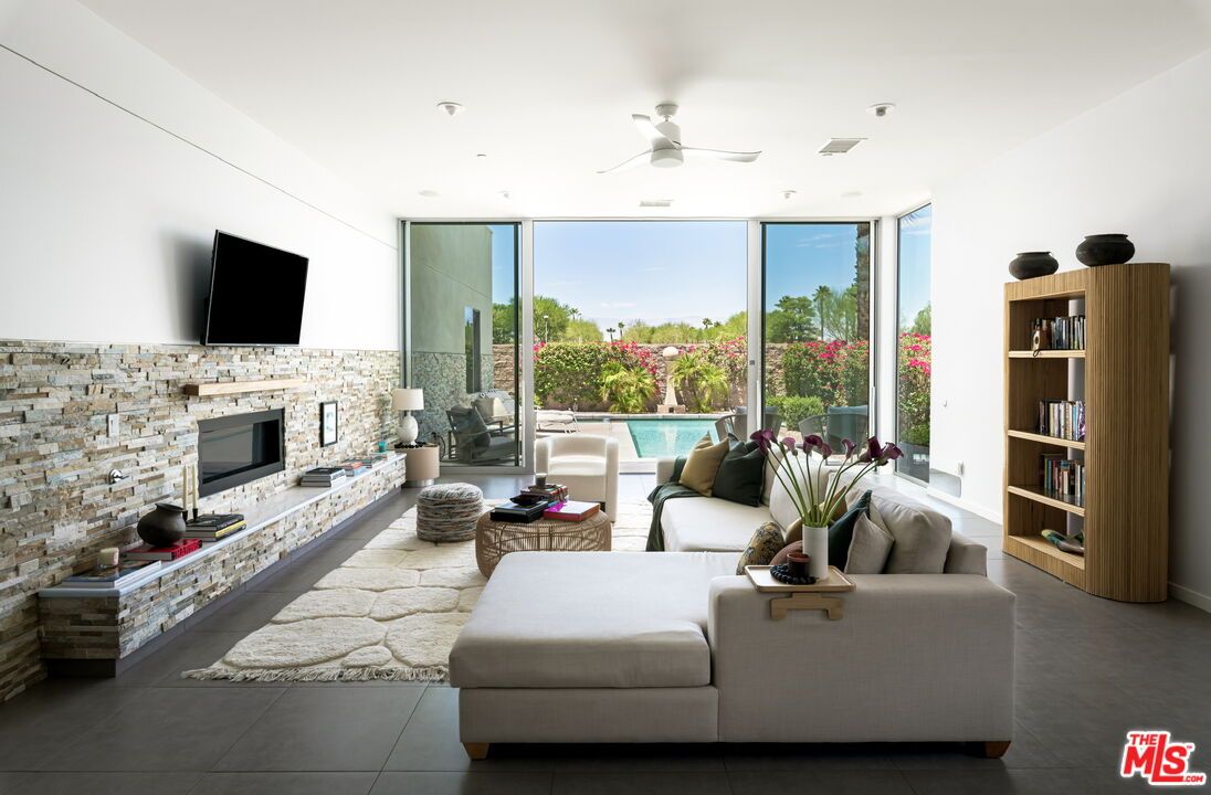Fireplace, Interior, Living room, Recessed Lighting, Stone Walls