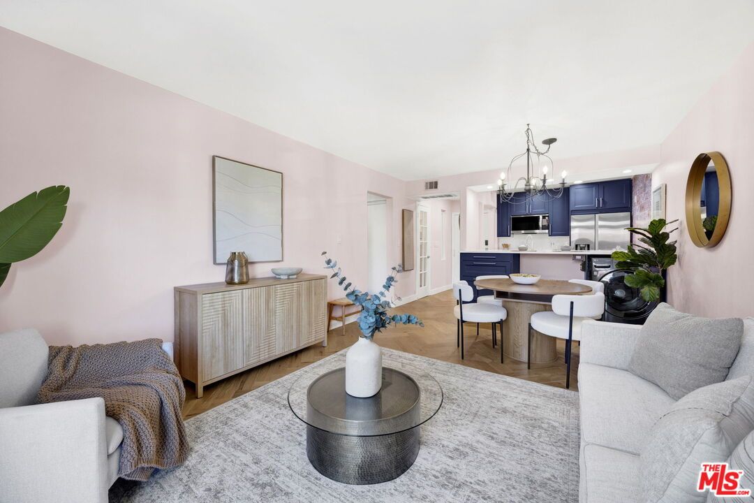 Chandelier, Dining room, Interior, Kitchen, Living room, Recessed Lighting, Stainless Steel Appliances, Wood Texture Flooring