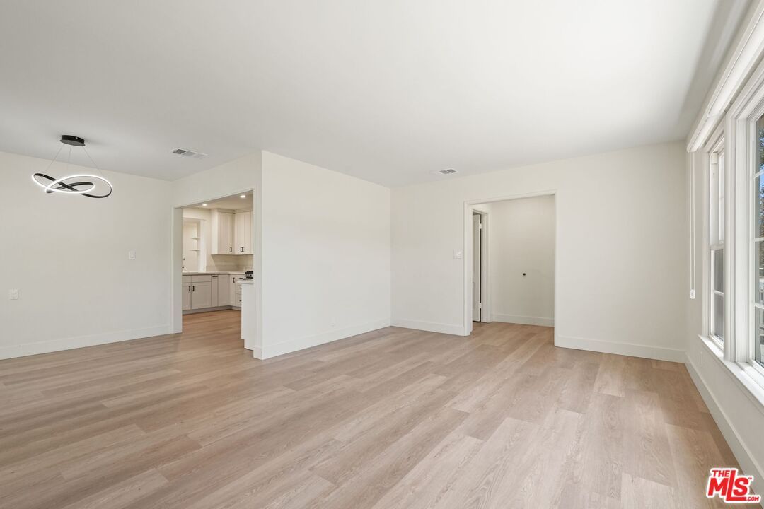 Empty room, Interior, Kitchen, Pendant Lights, Recessed Lighting, Wood Texture Flooring