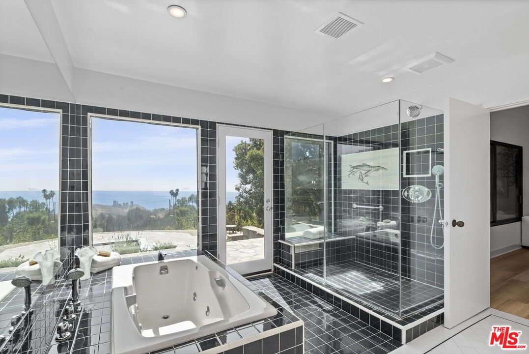 Bathroom, Glass Shower, Interior, Recessed Lighting, Water, Wood Texture Flooring