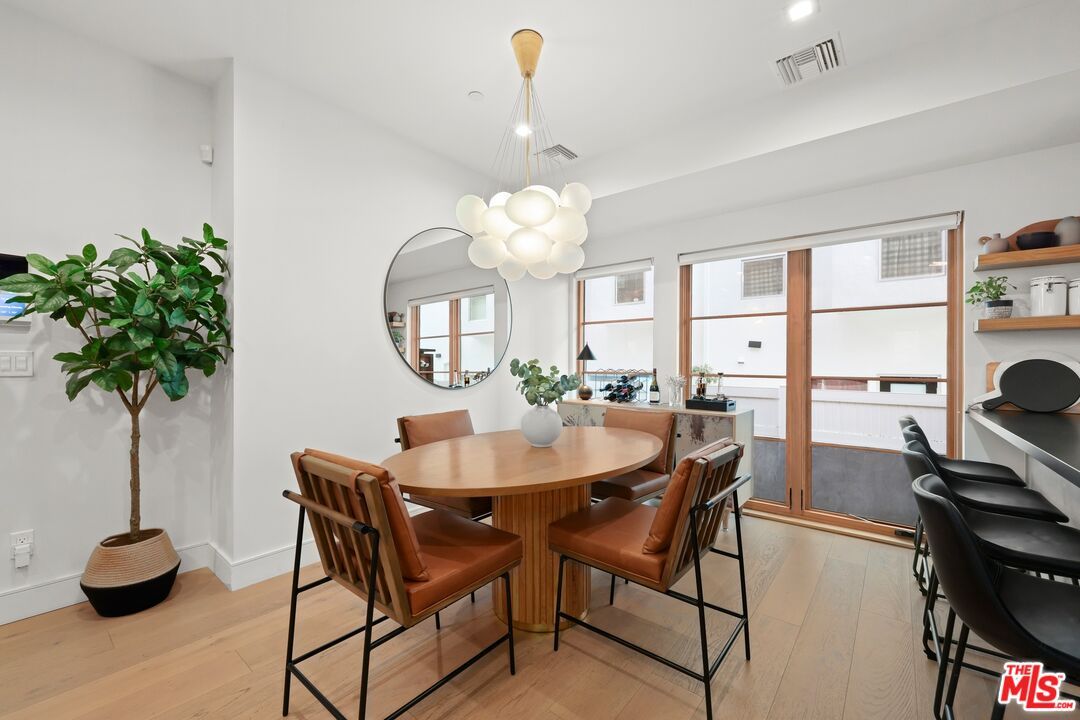 Dining room, Interior, Pendant Lights, Recessed Lighting, Wood Texture Flooring