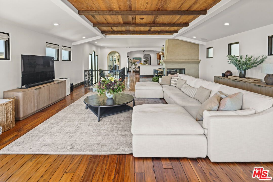 Fireplace, Interior, Living room, Recessed Lighting, Wooden Beams, Wooden Ceilings, Wood Texture Flooring
