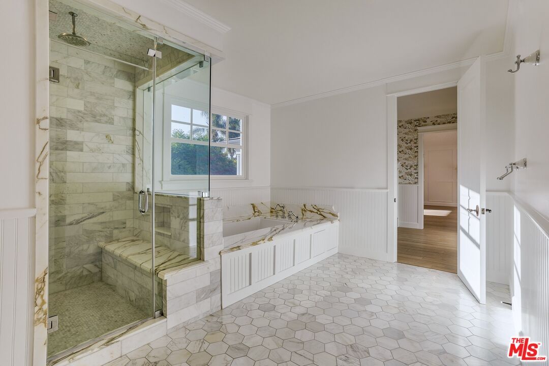 Bathroom, Glass Shower, Interior, Marble Walls, Wood Texture Flooring