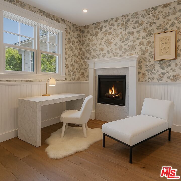 Fireplace, Interior, Recessed Lighting, Wood Texture Flooring