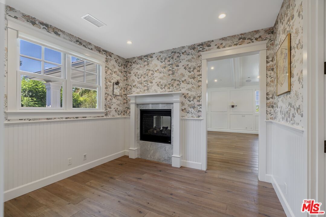 Empty room, Fireplace, Interior, Recessed Lighting, Wood Texture Flooring