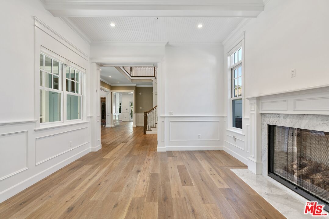 Empty room, Fireplace, Interior, Recessed Lighting, Wood Texture Flooring