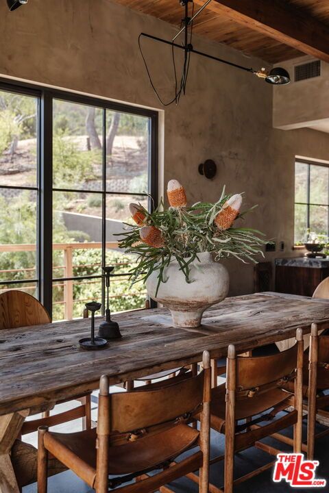 Dining room, Interior, Pendant Lights, Wooden Ceilings