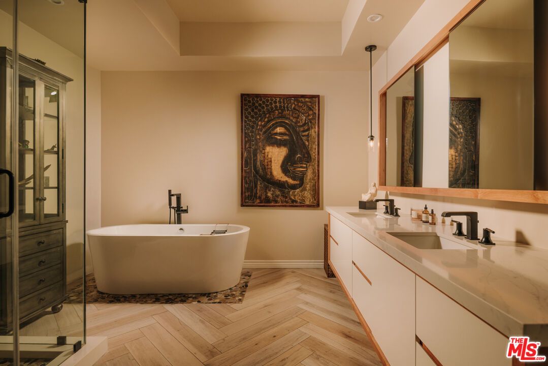 Bathroom, Dual Sink Vanities, Free Standing Baths, Interior, Recessed Lighting, Wood Texture Flooring