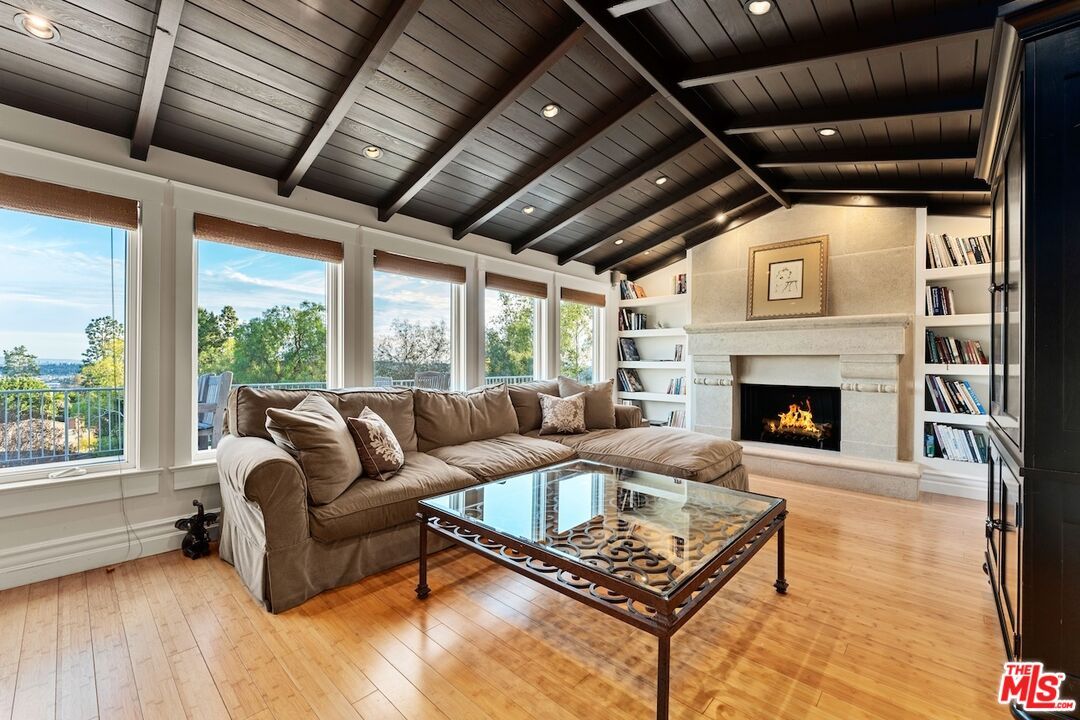 Fireplace, Interior, Living room, Recessed Lighting, Wooden Ceilings, Wood Texture Flooring