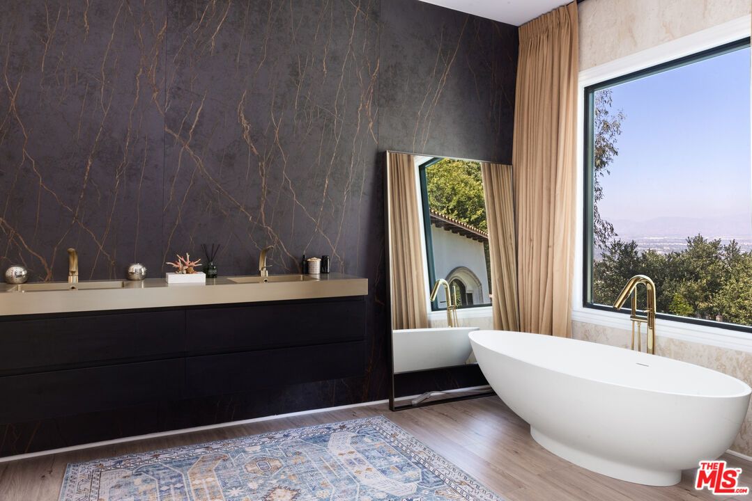 Bathroom, Free Standing Baths, Interior, Marble Walls, Wood Texture Flooring