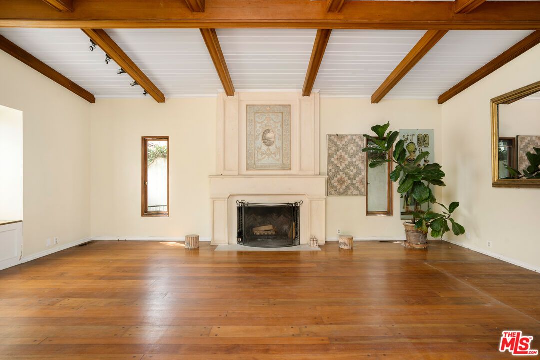 Empty room, Fireplace, Interior, Wooden Beams, Wood Texture Flooring