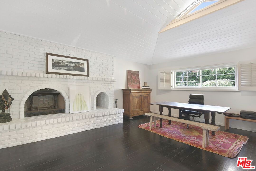Fireplace, Home Office, Interior, Stone Walls, Wood Texture Flooring
