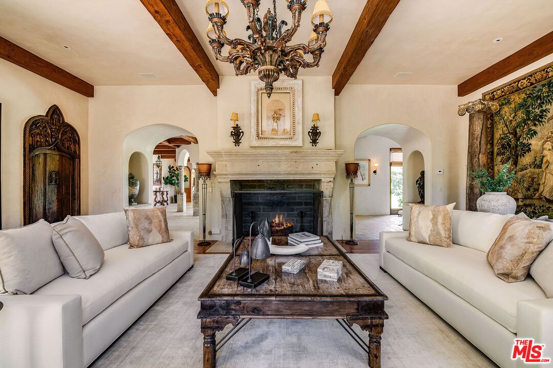 Chandelier, Fireplace, Interior, Living room, Recessed Lighting, Wooden Beams