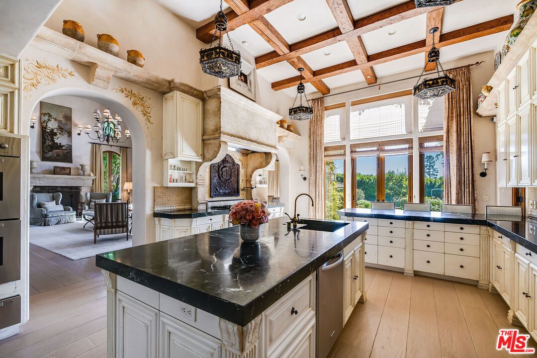 Interior, Kitchen, Pendant Lights, Recessed Lighting, Stainless Steel Appliances, Wooden Beams, Wood Texture Flooring