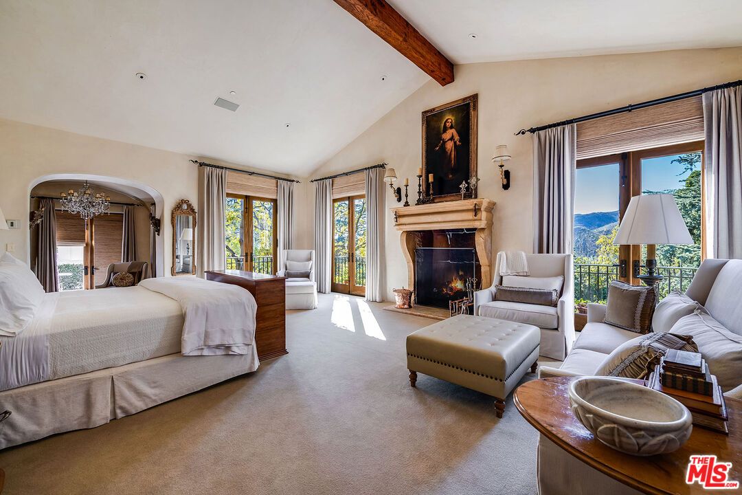 Bedroom, Fireplace, Interior, Recessed Lighting, Wooden Beams