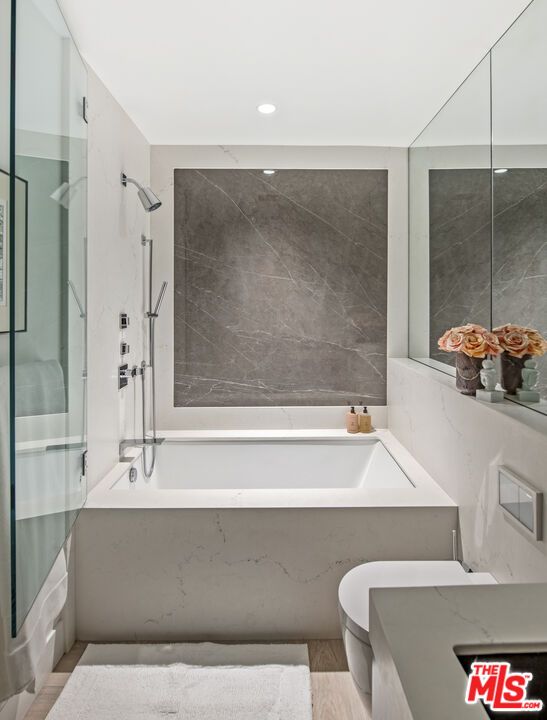Bathroom, Glass Shower, Interior, Marble Walls, Recessed Lighting