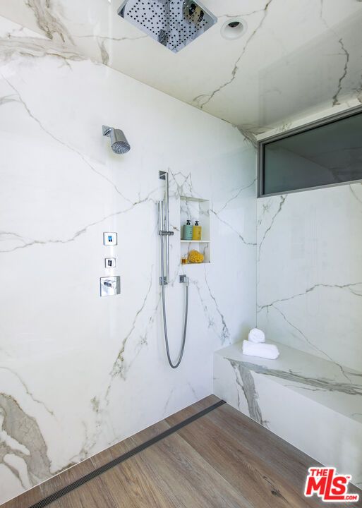 Bathroom, Glass Shower, Interior, Marble Walls, Wood Texture Flooring