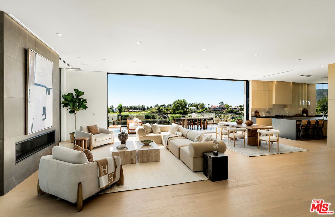 Dining room, Fireplace, Interior, Kitchen, Living room, Pendant Lights, Recessed Lighting, Wood Texture Flooring