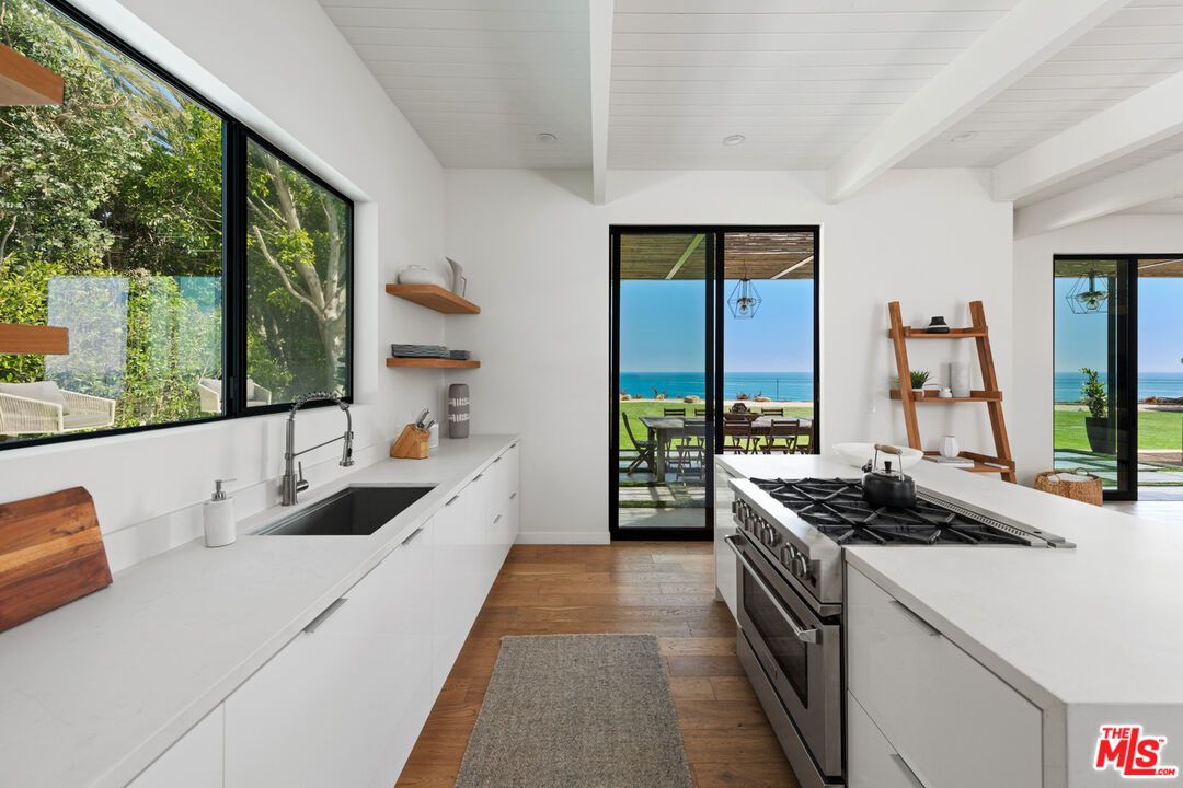 Interior, Kitchen, Recessed Lighting, Stainless Steel Appliances, Water, Wood Texture Flooring