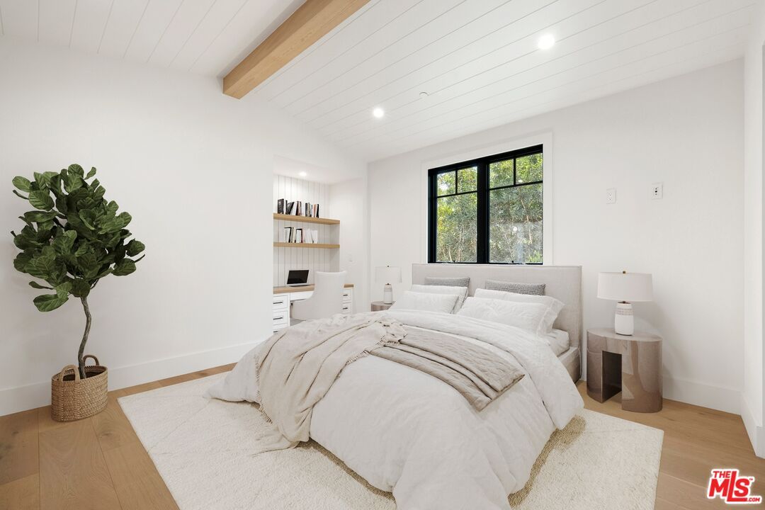 Bedroom, Interior, Recessed Lighting, Wooden Beams, Wood Texture Flooring