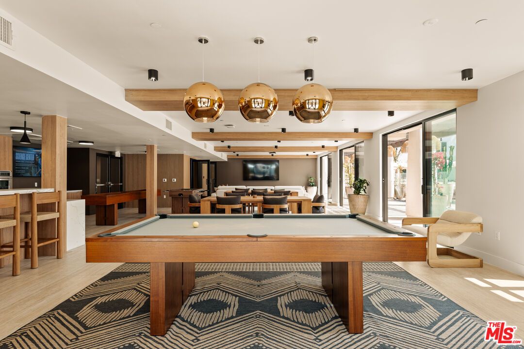 Billiard Table, Game Room, Interior, Pendant Lights, Wood Texture Flooring