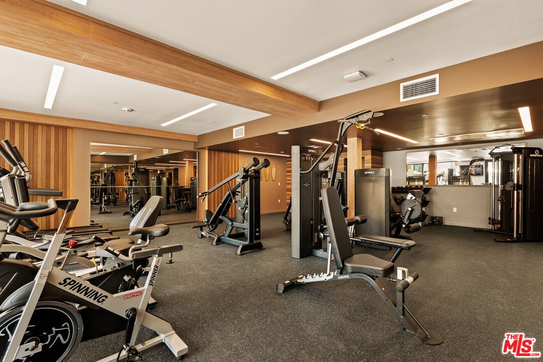 Fitness Equipment, Gym, Interior, Recessed Lighting, Wooden Beams