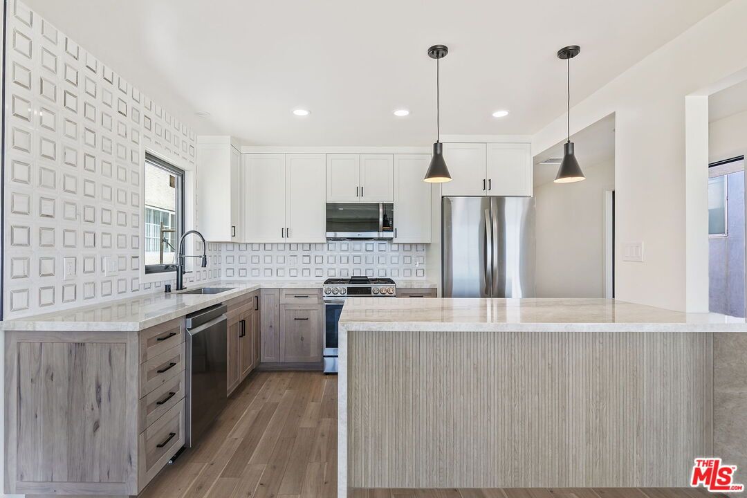 Interior, Kitchen, Pendant Lights, Recessed Lighting, Stainless Steel Appliances, Wood Texture Flooring