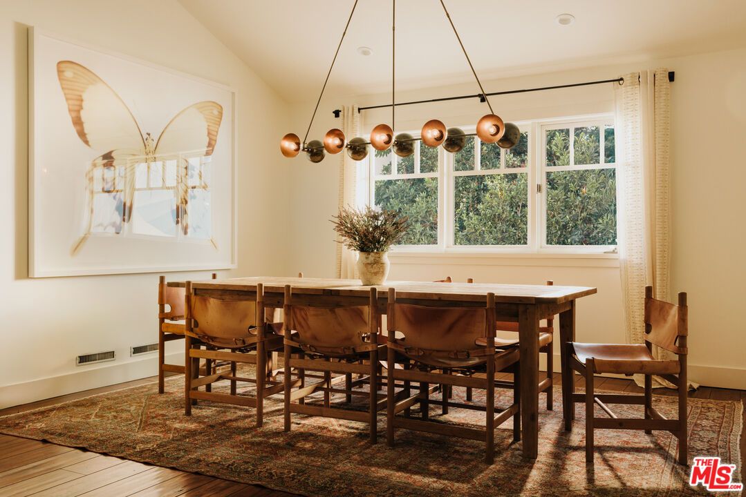 Dining room, Interior, Pendant Lights, Recessed Lighting, Wood Texture Flooring