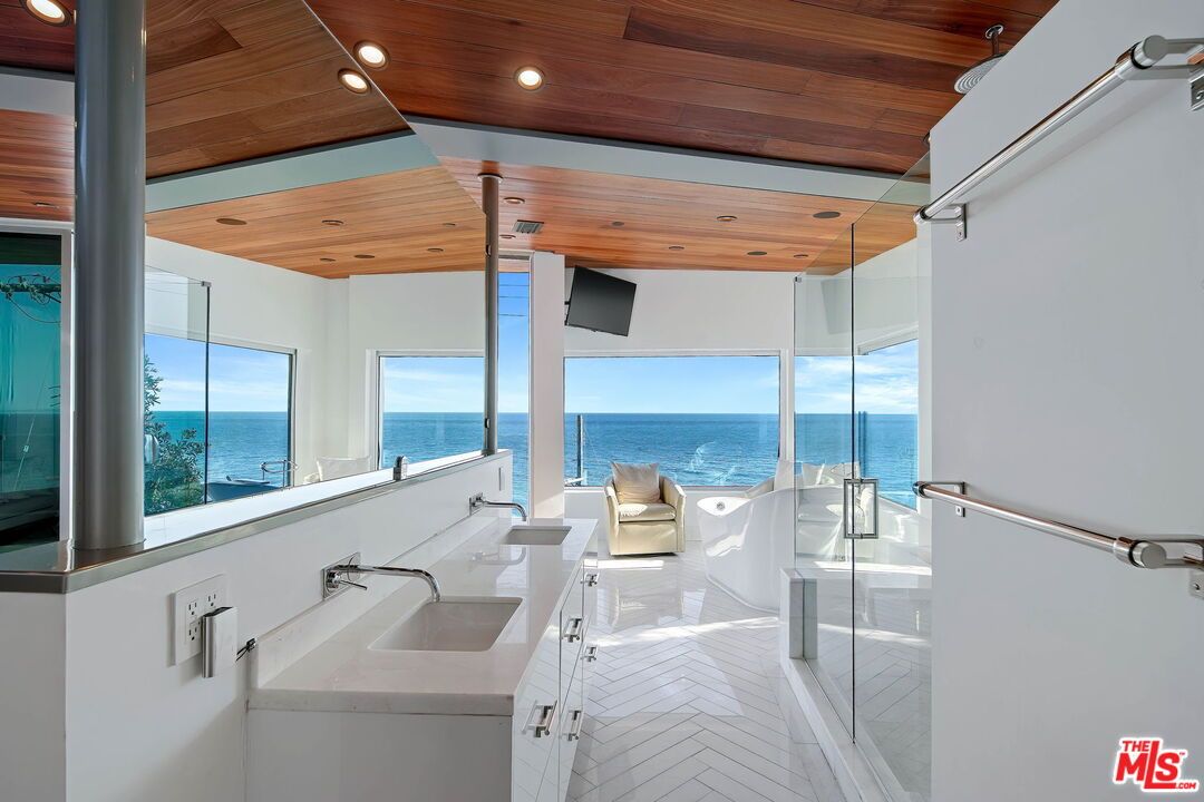 Bathroom, Dual Sink Vanities, Interior, Recessed Lighting, Water, Wooden Ceilings