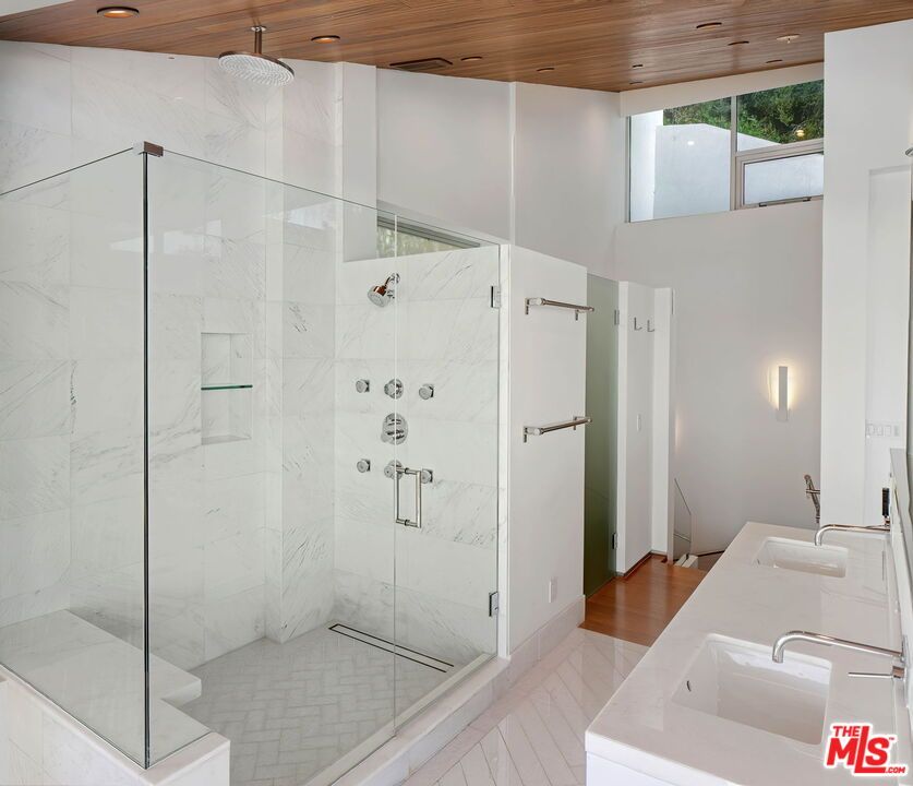 Bathroom, Glass Shower, Interior, Marble Walls, Recessed Lighting