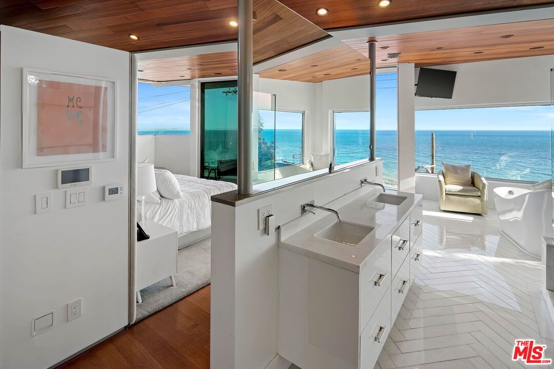 Bathroom, Bedroom, Dual Sink Vanities, Interior, Recessed Lighting, Water, Wooden Ceilings, Wood Texture Flooring